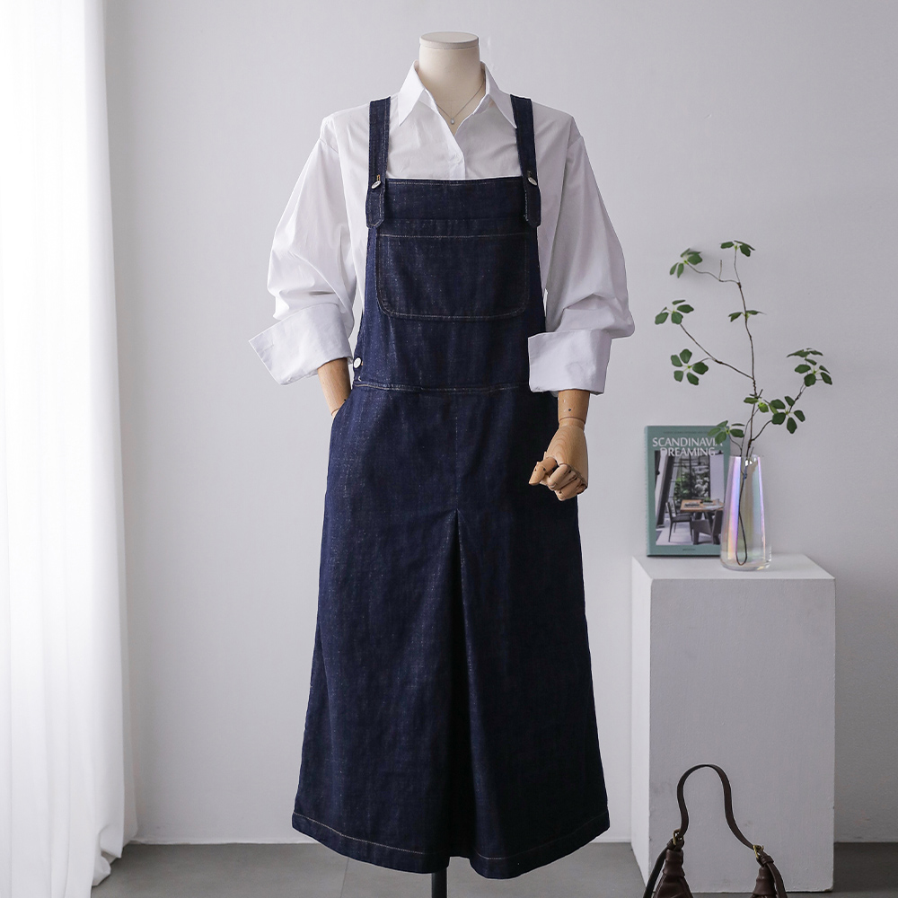 에디트 루즈핏 맞주름 멜빵 오버롤 롱 데님 원피스 - 상세 이미지 3