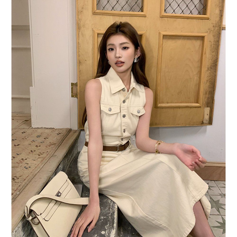 아이보리 데님 카라 민소매 벨트 포함 포켓 H라인 롱 맥시 원피스 여름 캐주얼 출근룩 - 상세 이미지 3