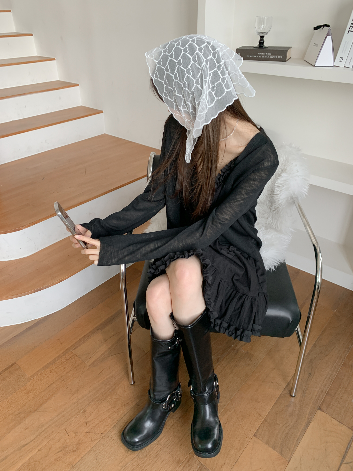 [러블리] 하트 뿅뿅 패턴 시스루 자수 스카프 헤어 삼각 두건 2color 상세 이미지 6