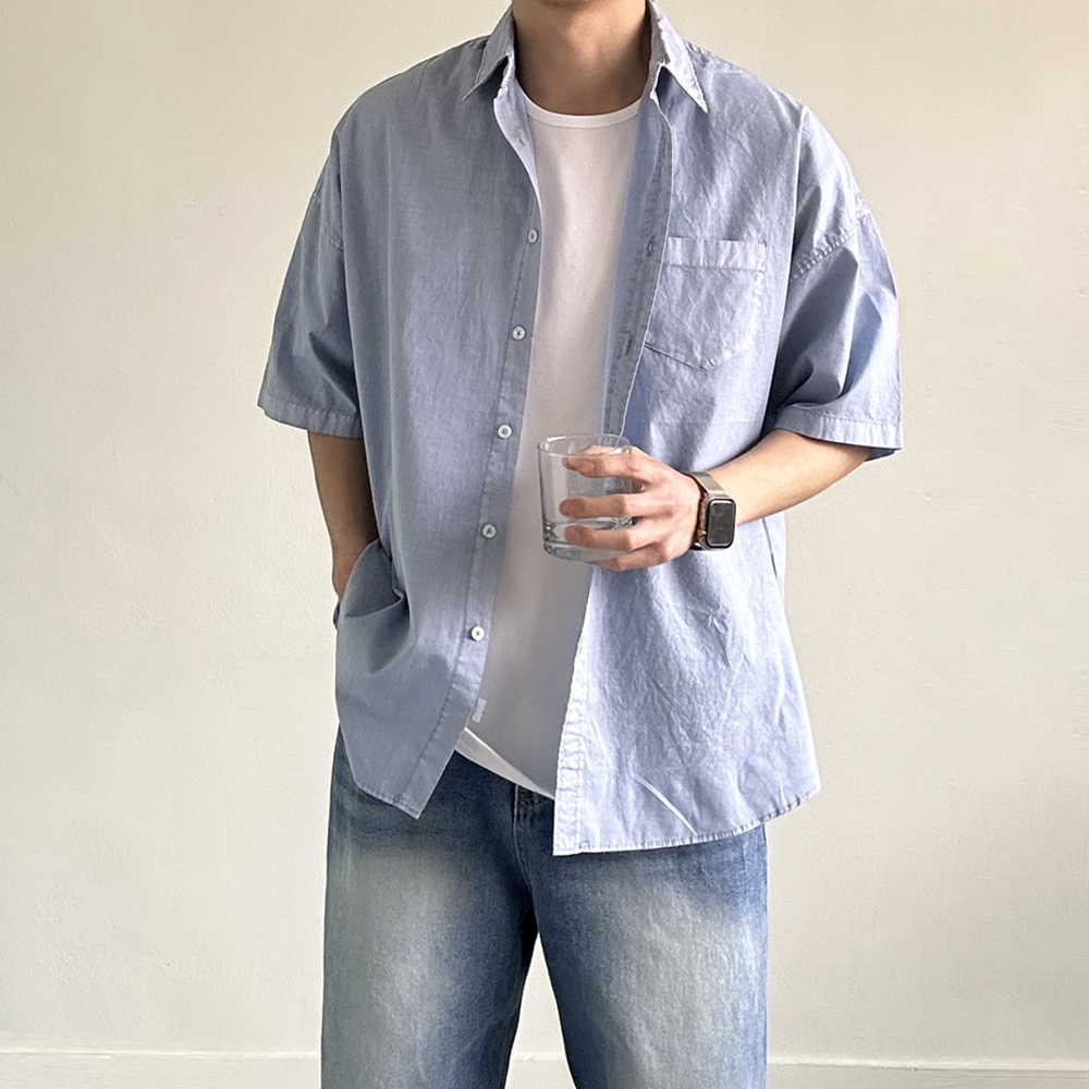 남자 반팔셔츠 오버핏 커플 여름 남방 피그먼트 남자 셔츠 - 상세 이미지 5