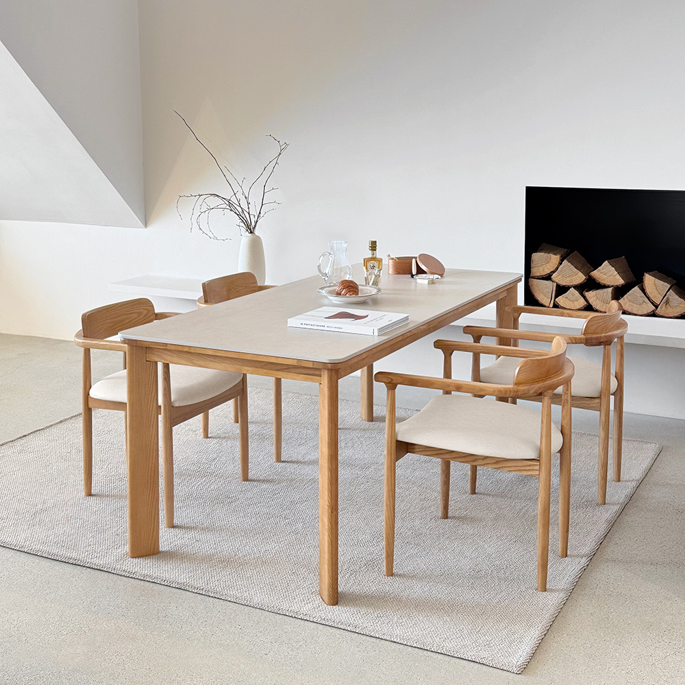 커들리 세라믹식탁 세트 4인용 원목 식탁+의자2+벤치1, 1400mm, 내추럴/양면세라믹