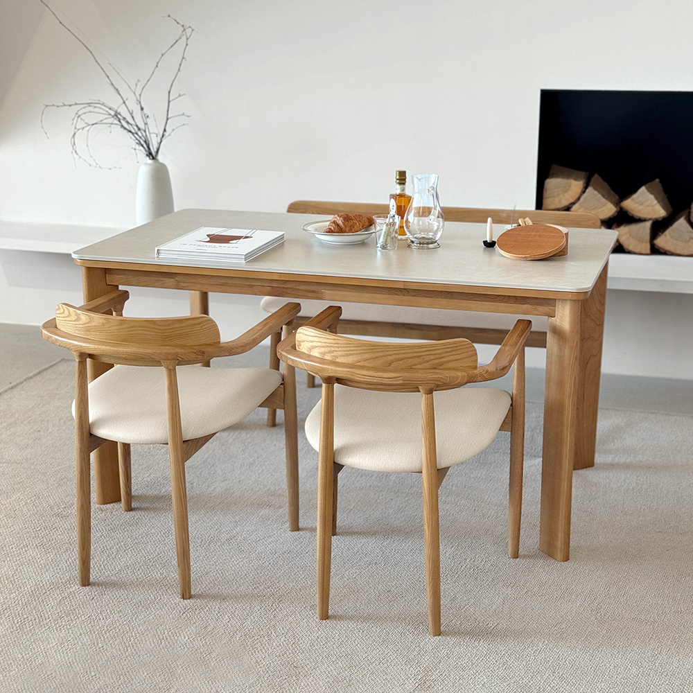 커들리 세라믹식탁 세트 4인용 원목 식탁+의자2+벤치1, 1400mm, 내추럴/양면세라믹