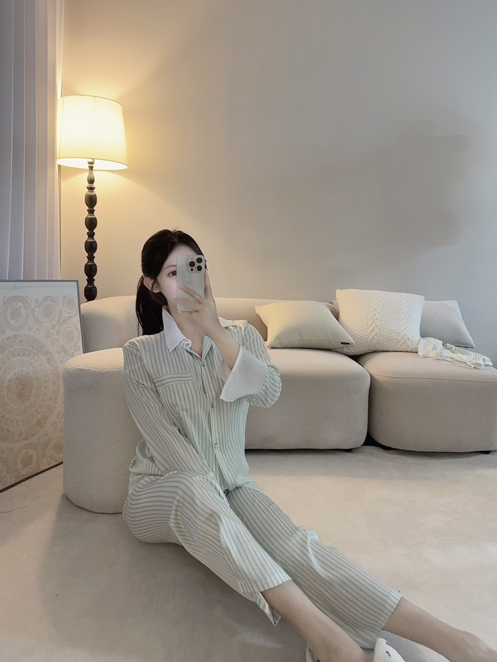 [4세트구성💙]에메랄드 새틴 세로 스트라이프 슬립 홈웨어 4pcs 세트 상세 이미지 11