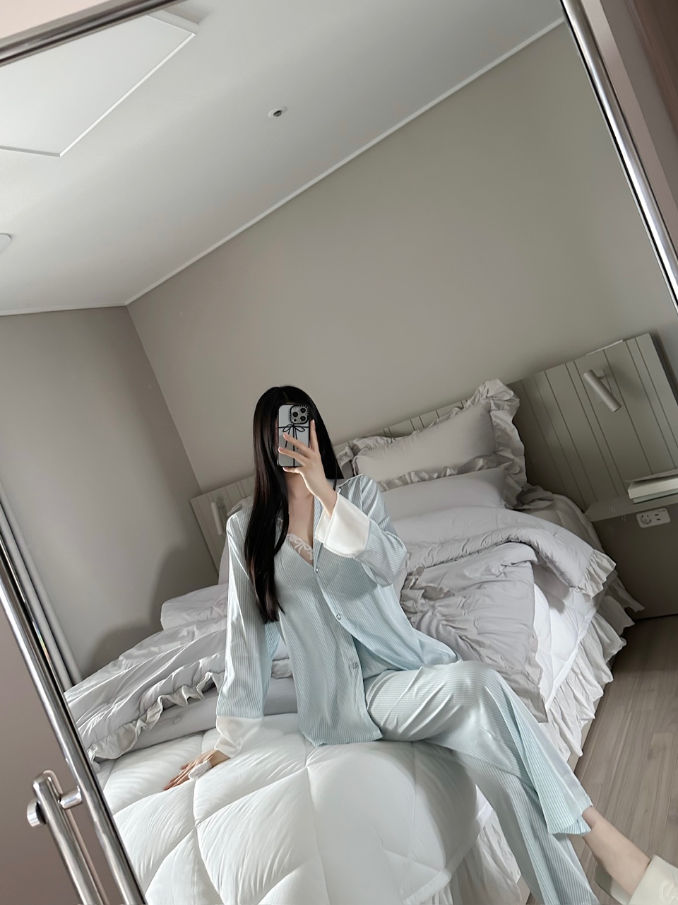 [4세트구성💙]에메랄드 새틴 세로 스트라이프 슬립 홈웨어 4pcs 세트 상세 이미지 4