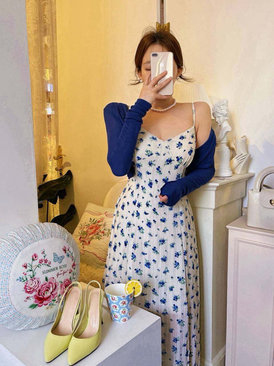 루루블리 롱원피스 셋업 2piece SET (드레스&카디건,뷔스티에,플라워,셔링,볼륨) [비비아레이디] - 상품 이미지
