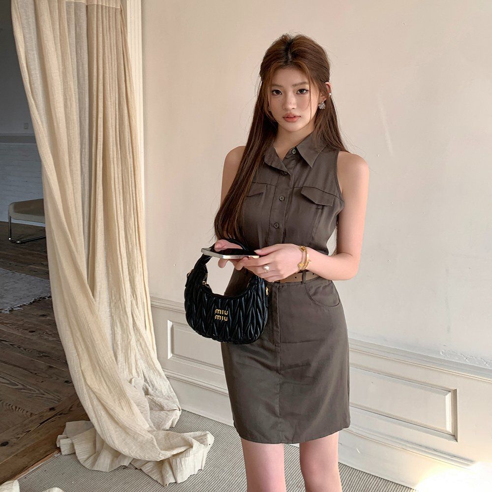 깔끔한 클래식 린넨혼방 민소매 셔츠 원피스 벨트 포함 H라인 미니 기장 여름 오피스 출근룩
