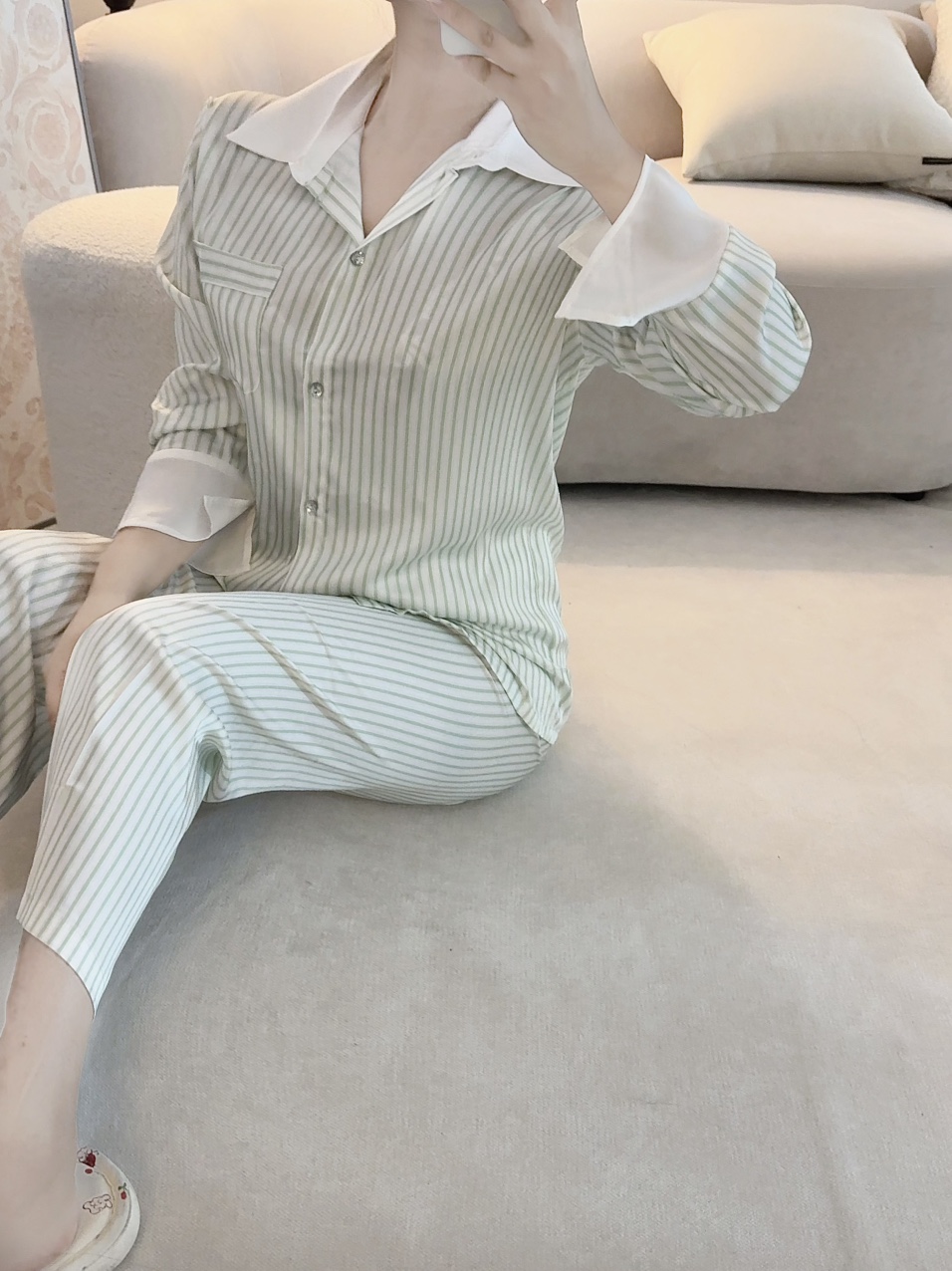 [4세트구성💙]에메랄드 새틴 세로 스트라이프 슬립 홈웨어 4pcs 세트 상세 이미지 13