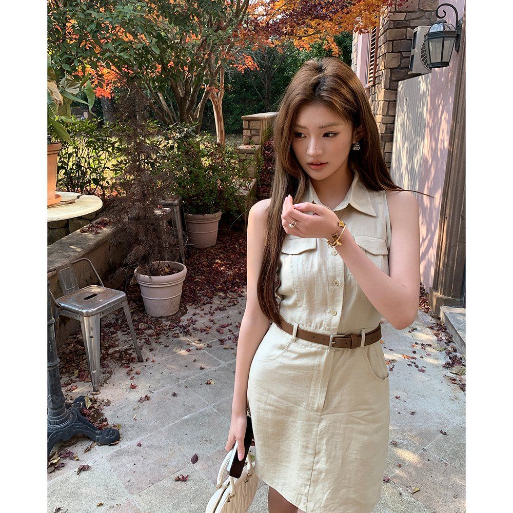 깔끔한 클래식 린넨혼방 민소매 셔츠 원피스 벨트 포함 H라인 미니 기장 여름 오피스 출근룩