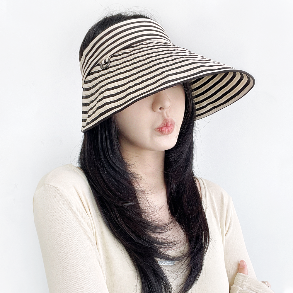 국내제작 스트라이프 챙넓은 자외선차단 돌돌이 여름 여성 썬캡 - 상세 이미지 2