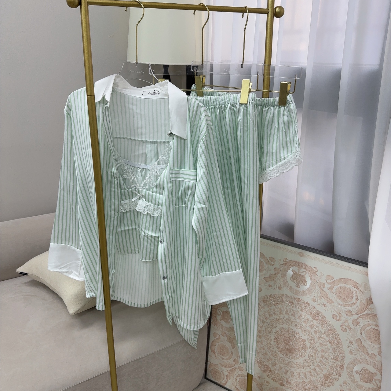 [4세트구성💙]에메랄드 새틴 세로 스트라이프 슬립 홈웨어 4pcs 세트 상세 이미지 20
