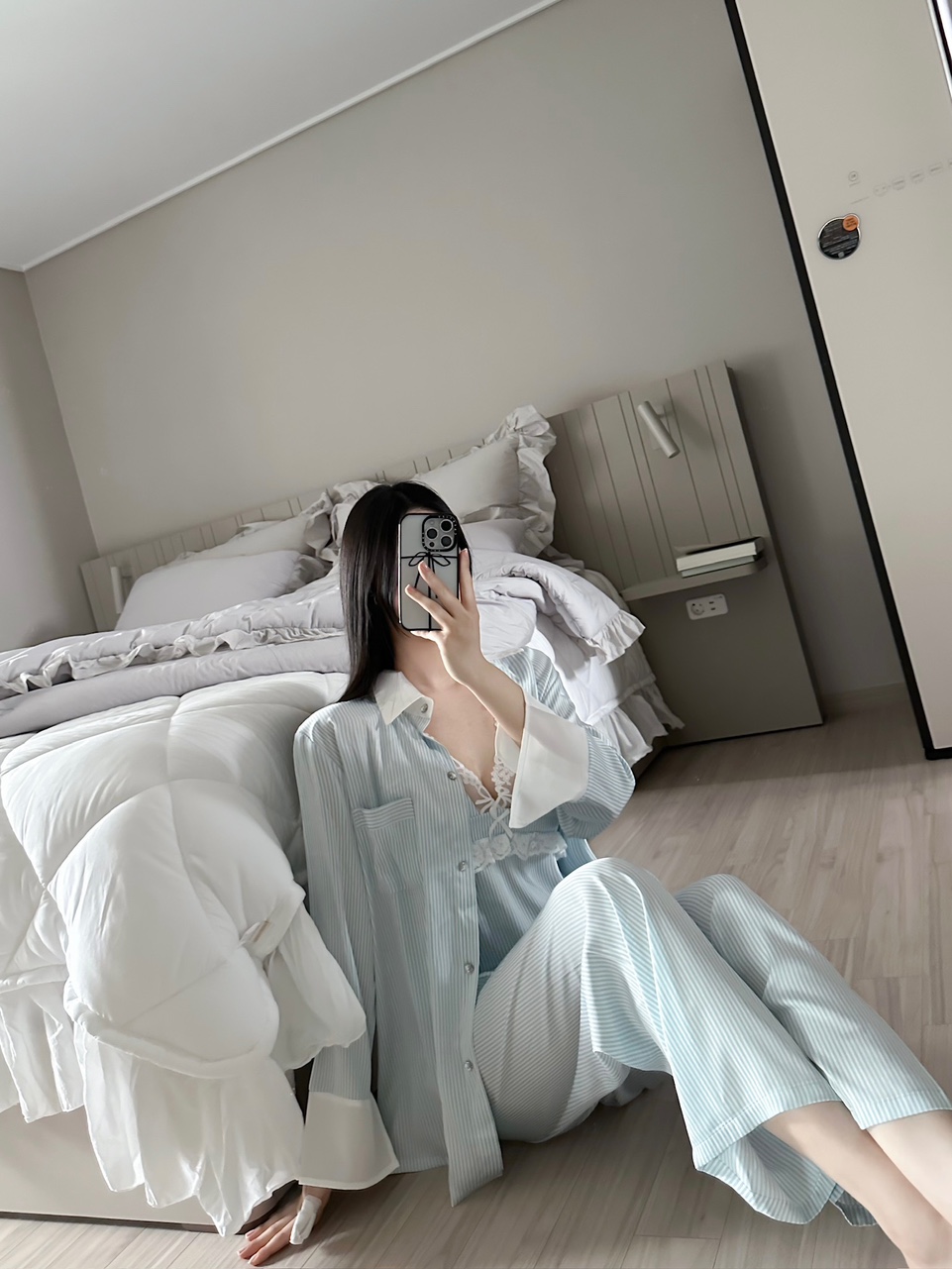 [4세트구성💙]에메랄드 새틴 세로 스트라이프 슬립 홈웨어 4pcs 세트 상세 이미지 5