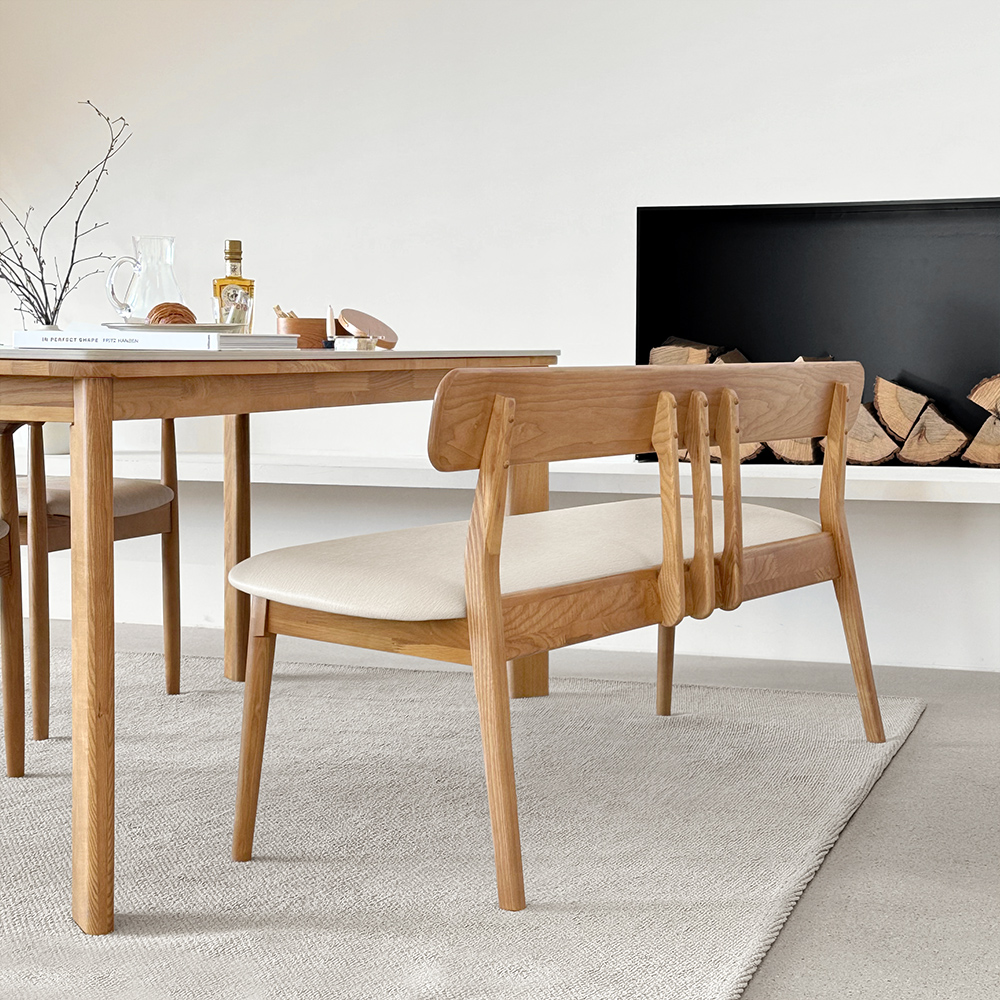 커들리 세라믹식탁 세트 4인용 원목 식탁+의자2+벤치1, 1400mm, 내추럴/양면세라믹