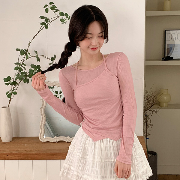 벨리엔 홀터넥 골지 셔링 언발 레이어드 티셔츠 ts4425 - 상품 이미지