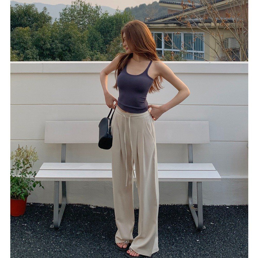 핀턱 밴딩 스트링 와이드 롱 팬츠 여름 시원한 베이지 이지웨어 데일리룩 - 상세 이미지 4