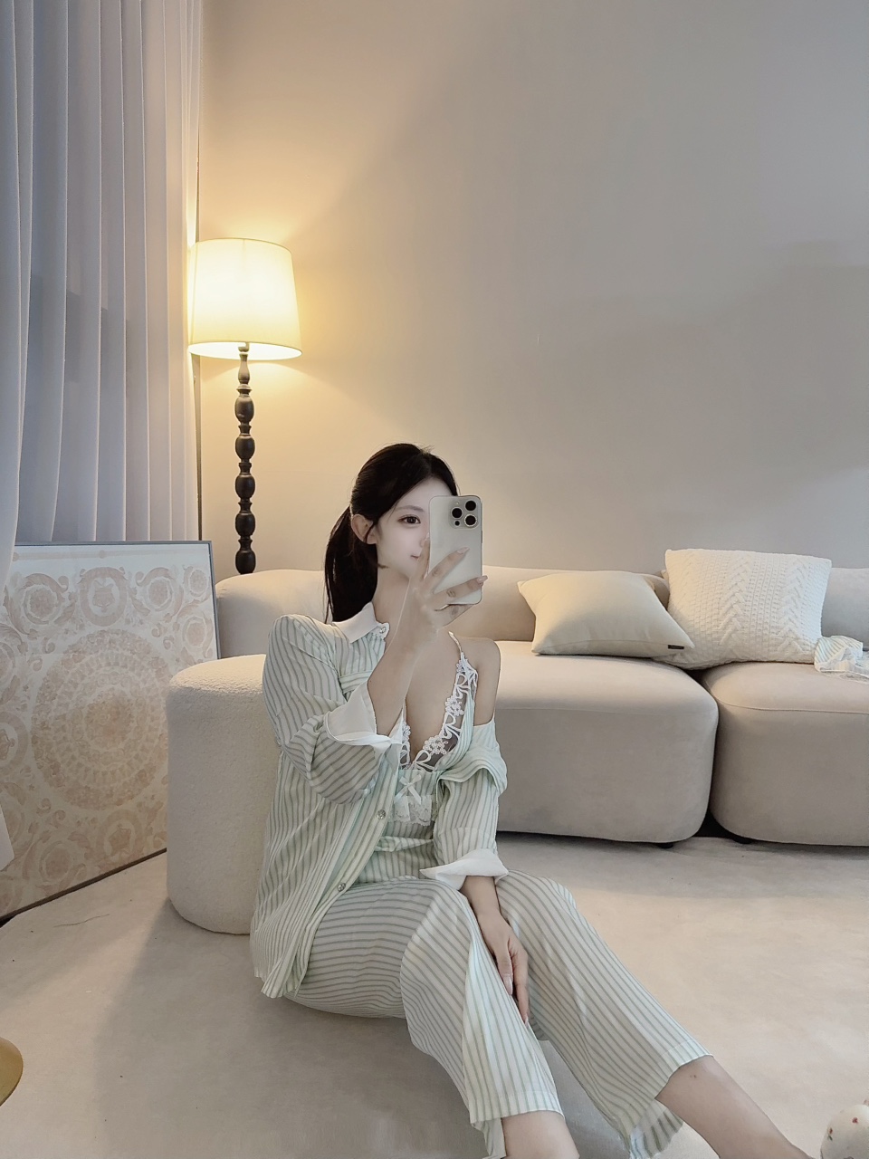 [4세트구성💙]에메랄드 새틴 세로 스트라이프 슬립 홈웨어 4pcs 세트 상세 이미지 10