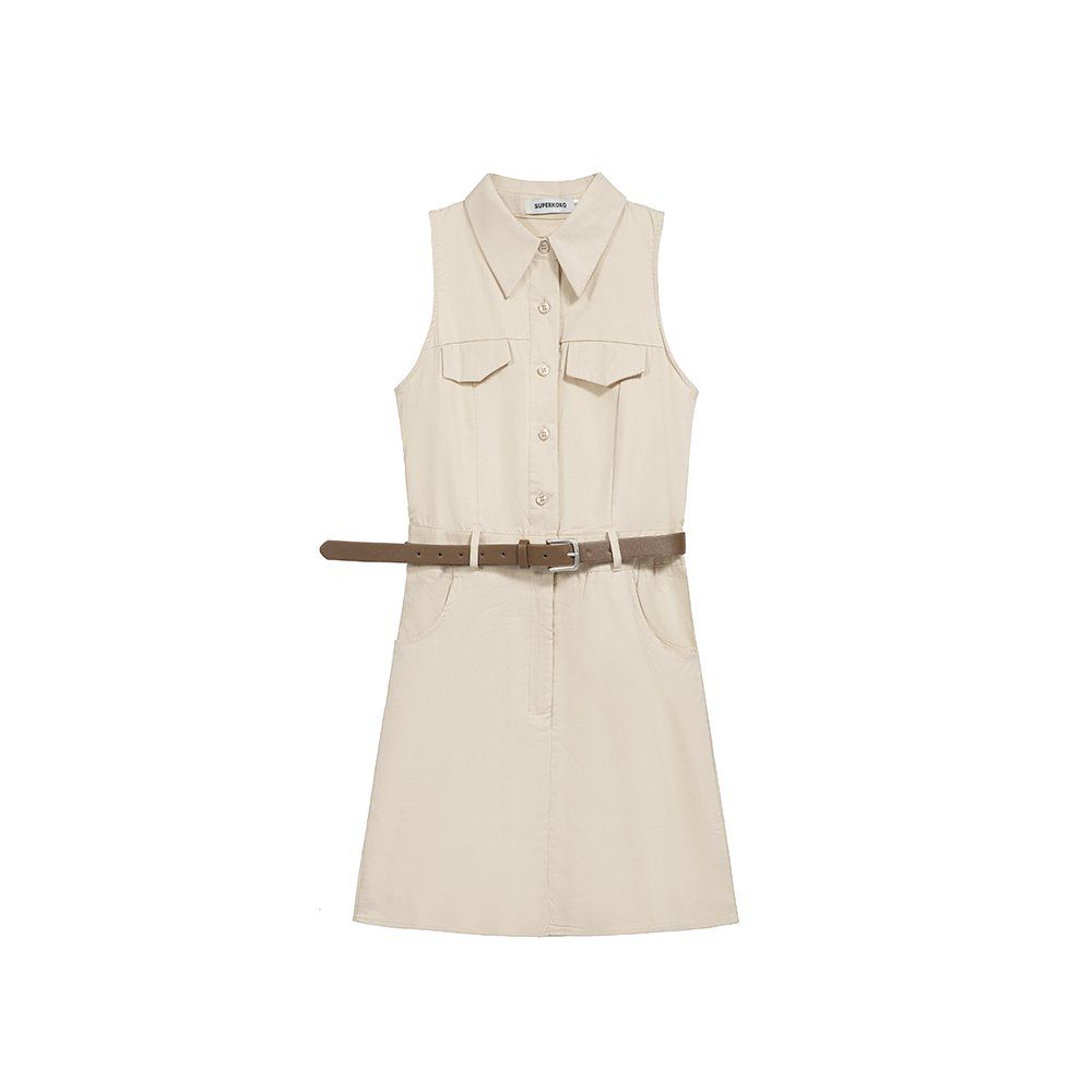 깔끔한 클래식 린넨혼방 민소매 셔츠 원피스 벨트 포함 H라인 미니 기장 여름 오피스 출근룩