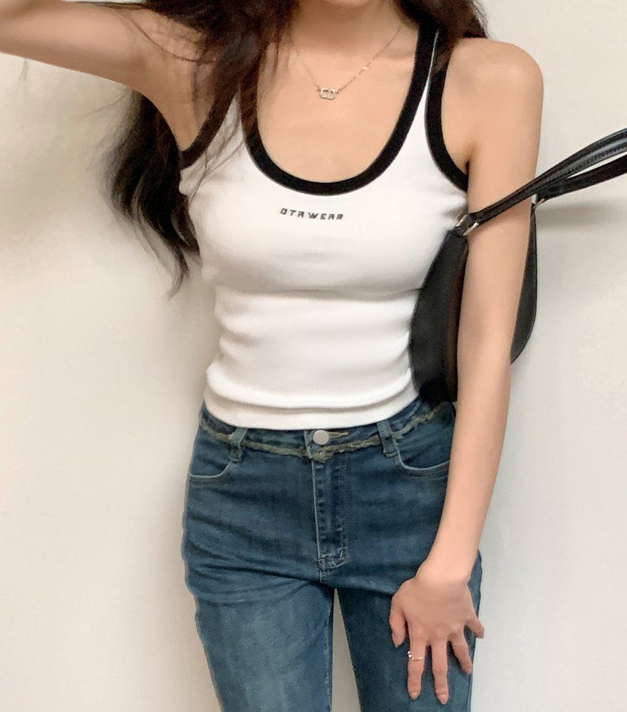 여름 Y2K 배색 라인 레터링 골지 슬림핏 나시 탱크탑 데일리 이너웨어 - 상세 이미지 3