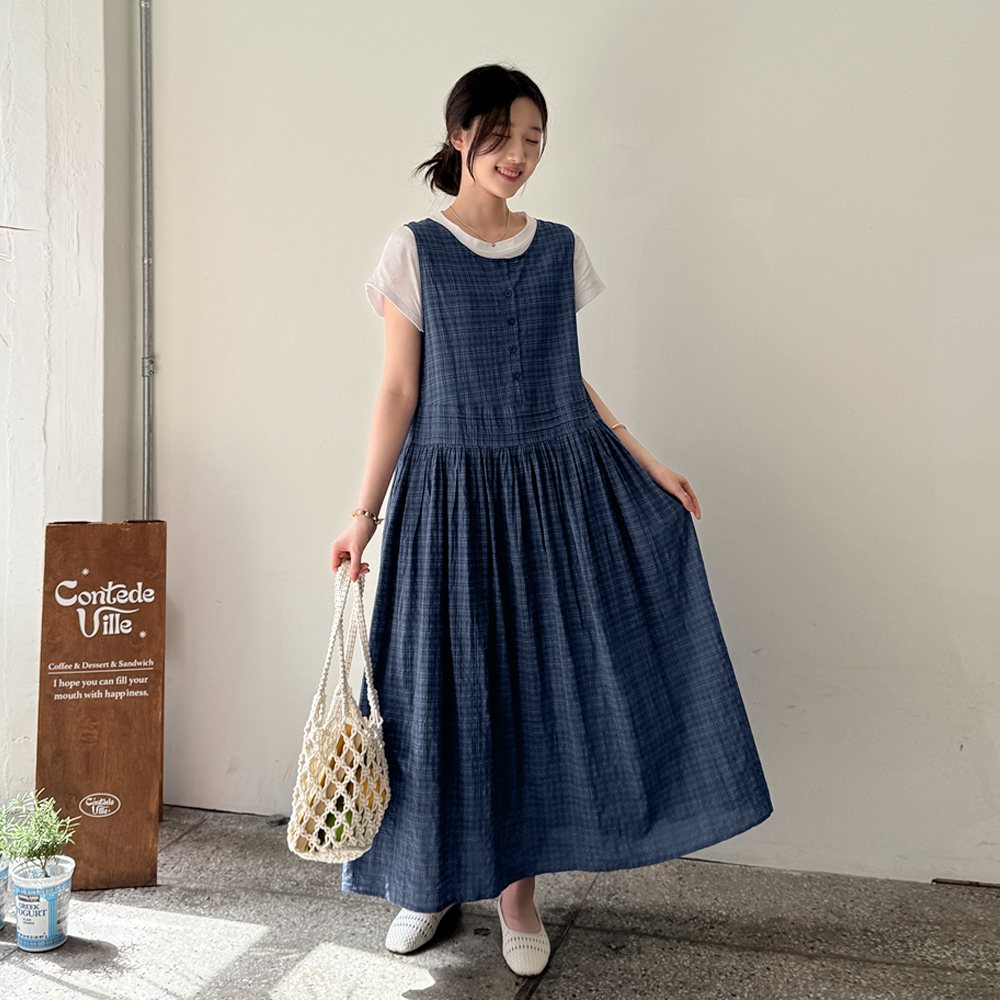루즈핏 아사면 체크 민소매 롱 원피스 봄 여름 휴양지 임부복 66 슈디