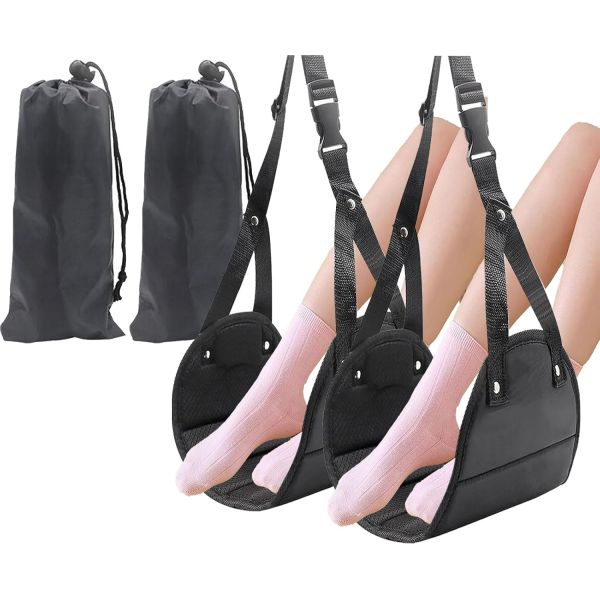 비행기 발 해먹 2개 블랙 트래블 조절 가능한 비행 받침대 휴대용 장거리 다리 지원 사무실 슬링 여행 필수품 여성 남성용 : DreamZon