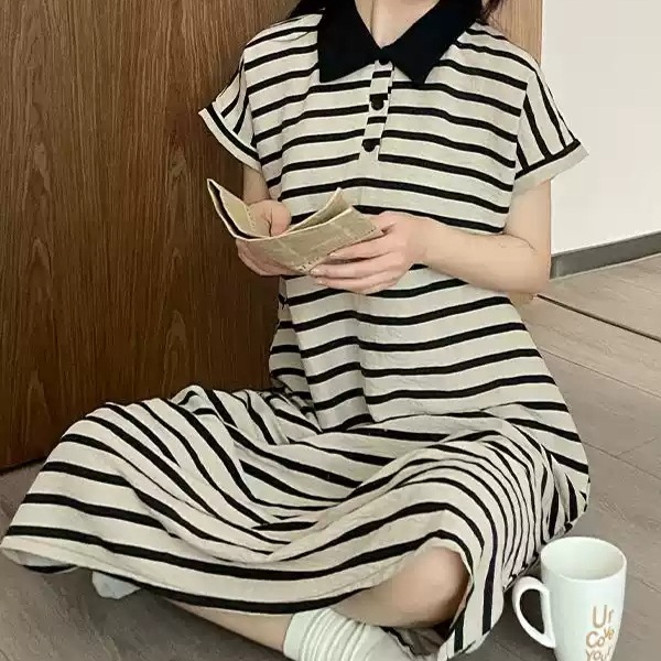 스트라이프 카라 반팔롱원피스 동네마실 배색 얇은 편한 봄 여름 잠옷 드레스 2컬러 - 상품 이미지
