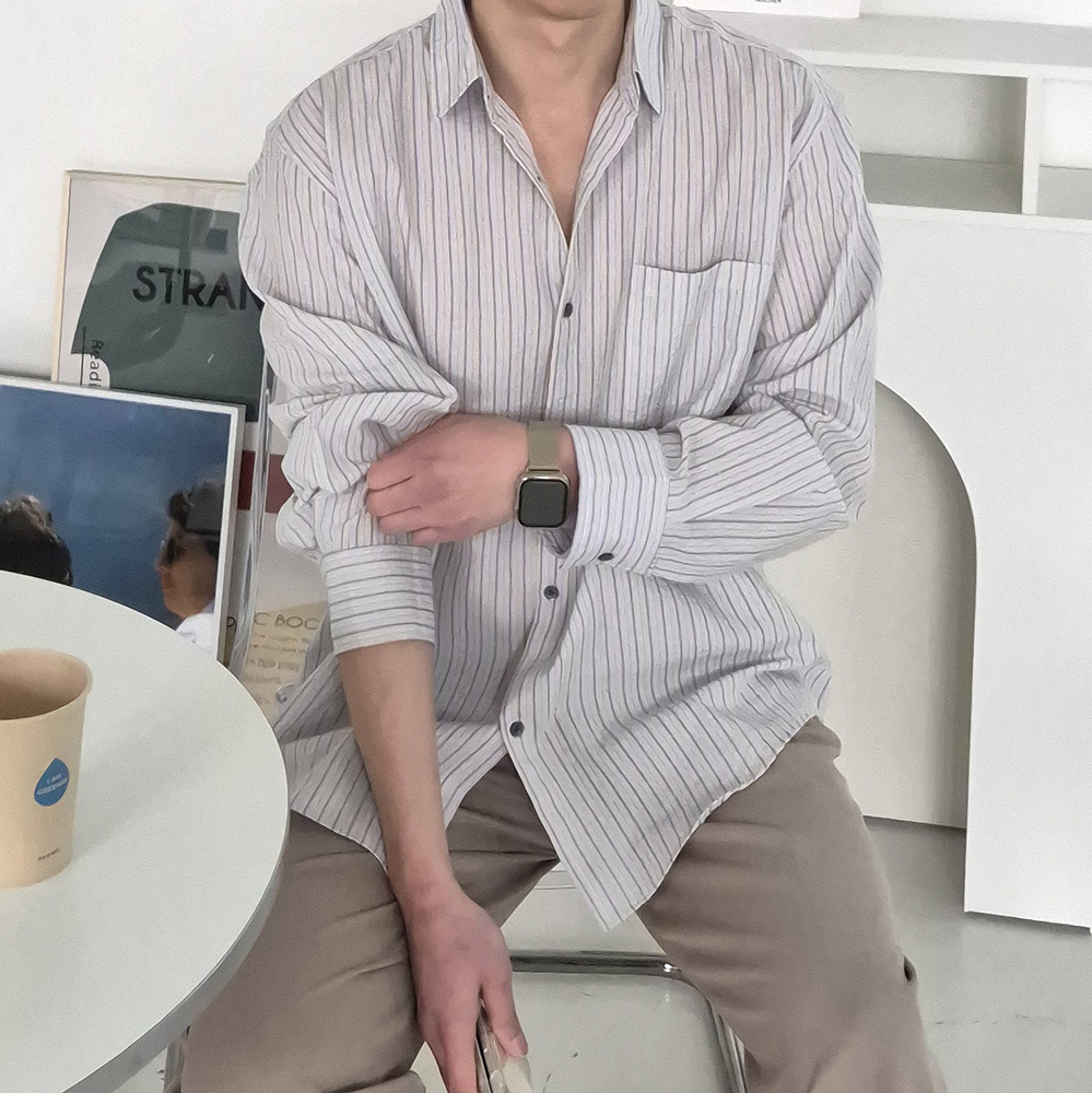 남자 스트라이프 셔츠 오버핏 봄 여름 남방 남자 셔츠 - 메인 이미지