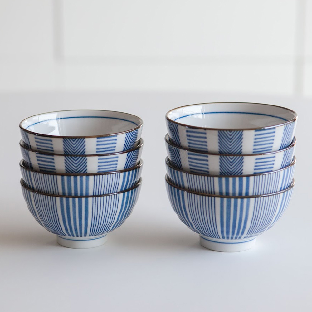 니코트 블루 스트라이프 4인 밥공기, 국그릇 세트 MADE IN JAPAN - 상품 이미지