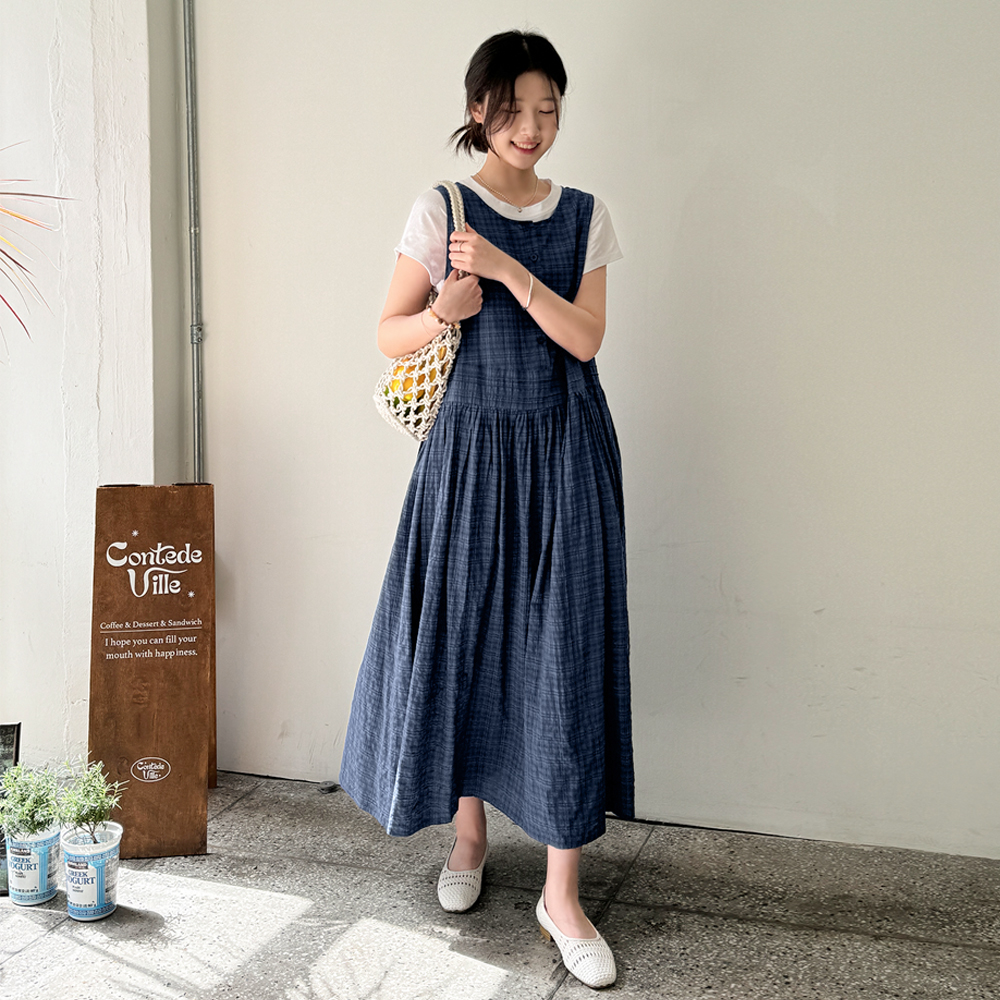 루즈핏 아사면 체크 민소매 롱 원피스 봄 여름 휴양지 임부복 66 슈디 - 상세 이미지 2