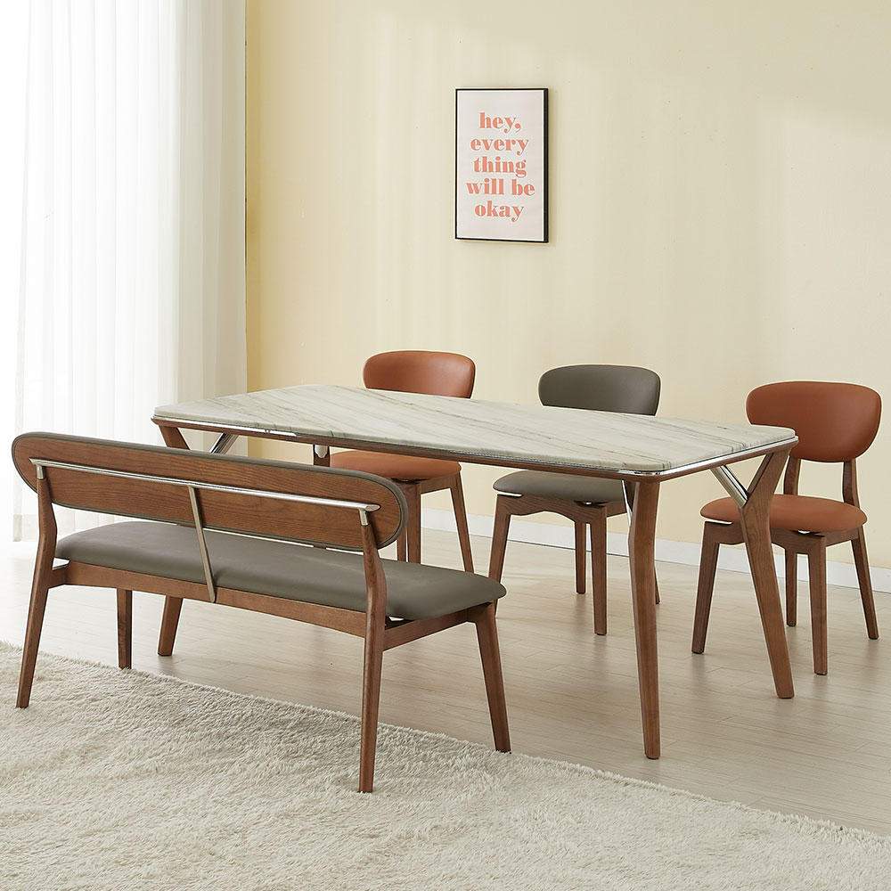 스코나 라빌라 애쉬 원목 천연대리석 6인 다이닝 식탁세트(벤치1개+의자3개)