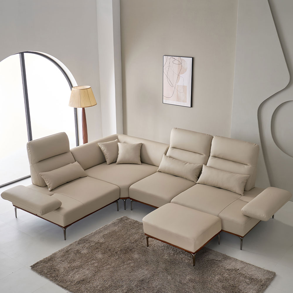 스코나 브로드 실리콘레더 애쉬원목 가죽 스윙 소파 스툴포함, 라이트베이지, 코너 5인용