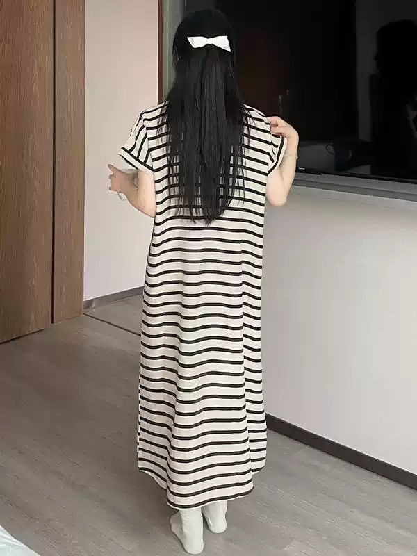 스트라이프 카라 반팔롱원피스 동네마실 배색 얇은 편한 봄 여름 잠옷 드레스 2컬러 - 상세 이미지 2