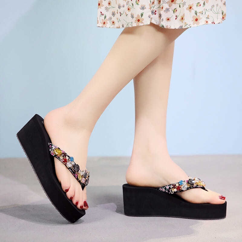 보석 키높이 쪼리 통굽 슬리퍼 라인스톤 반짝포인트 휴양지 블랙 3CM 5.5CM - 상세 이미지 2