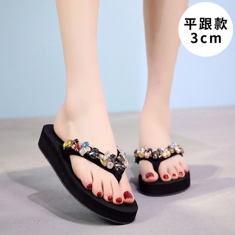 보석 키높이 쪼리 통굽 슬리퍼 라인스톤 반짝포인트 휴양지 블랙 3CM 5.5CM - 상세 이미지 3
