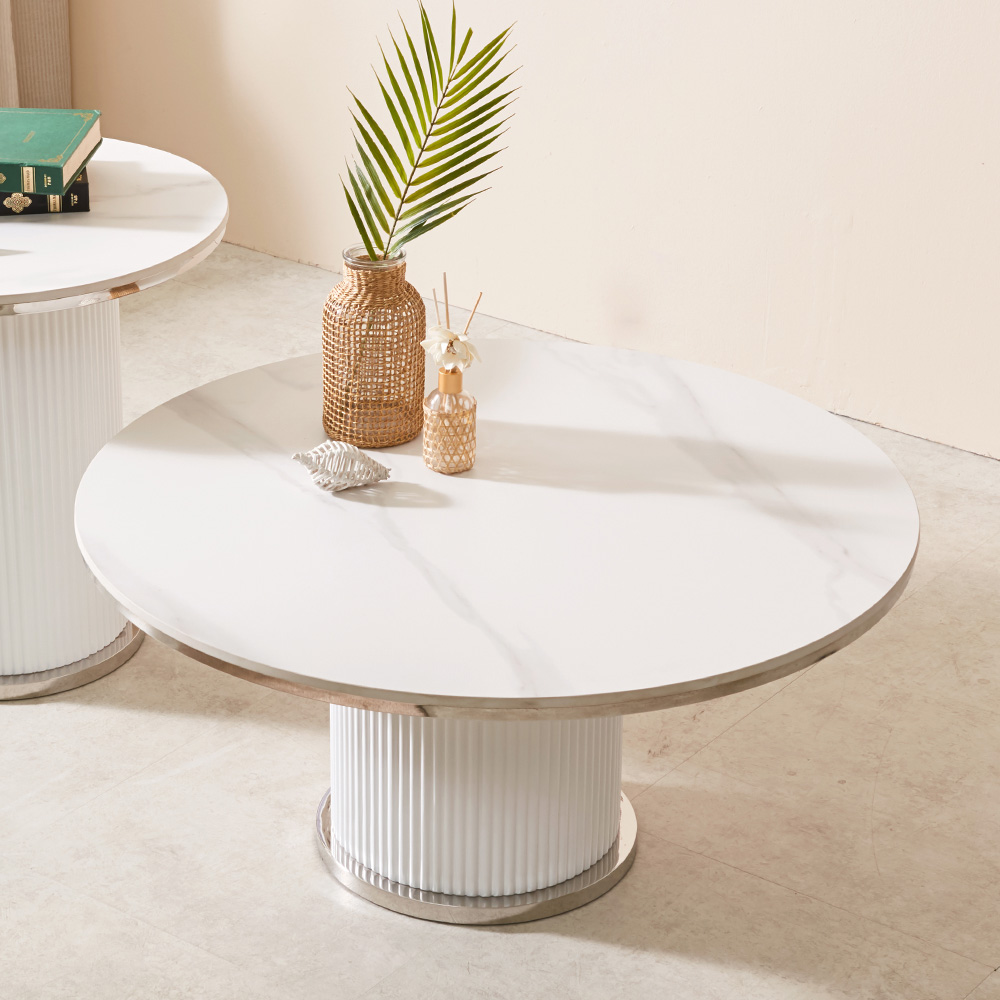 스코나 리벨스 템바보드 실버 포세린 세라믹 원형 듀얼 거실 소파 테이블 L