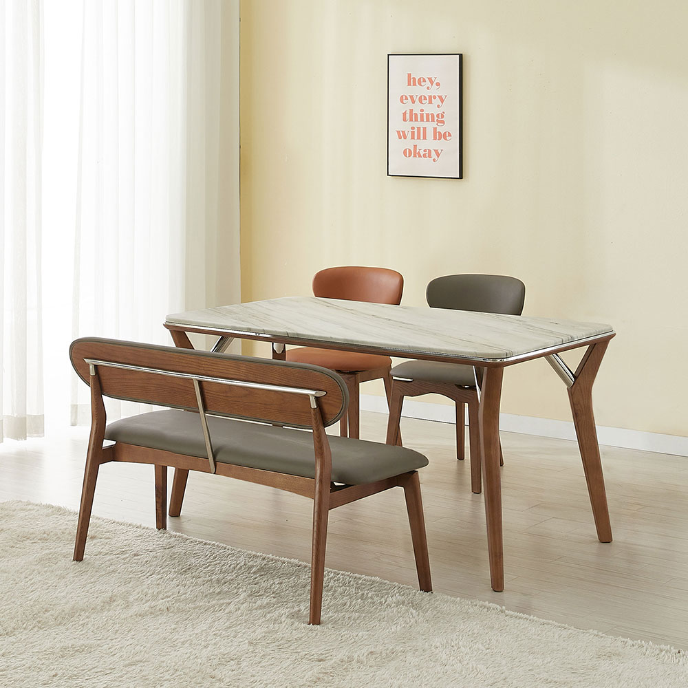 스코나 라빌라 애쉬 원목 천연대리석 4인 다이닝 식탁세트(벤치1개+의자2개)