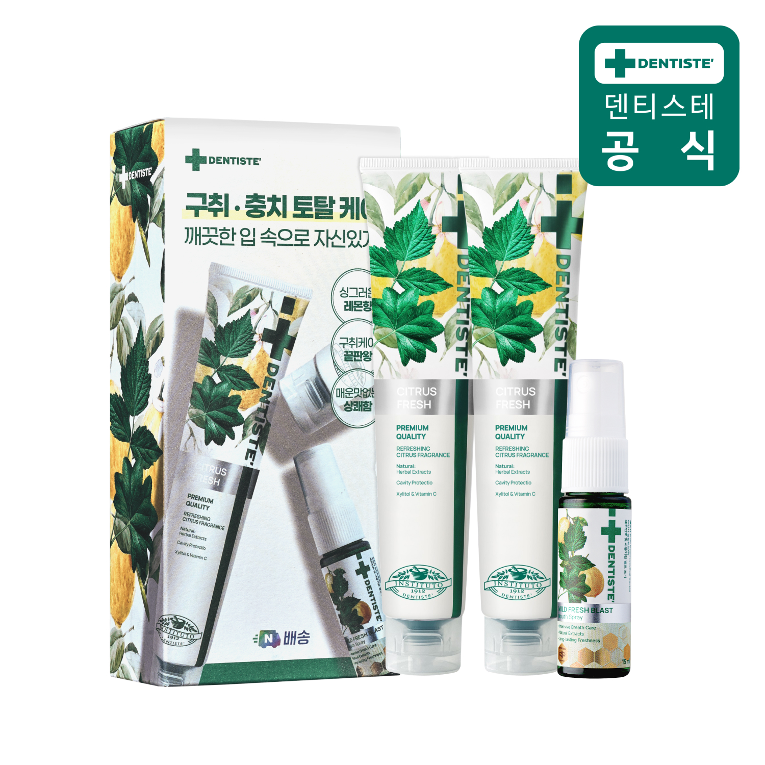 덴티스테 치약 시트러스후레쉬 200g 2개+구강스프레이 마일드 후레쉬 블라스트15ml 입냄새제거 불소 - 메인 이미지