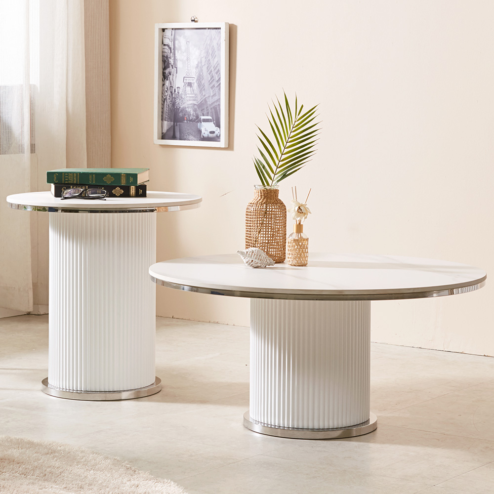 스코나 리벨스 템바보드 실버 포세린 세라믹 원형 듀얼 거실 소파 테이블 L