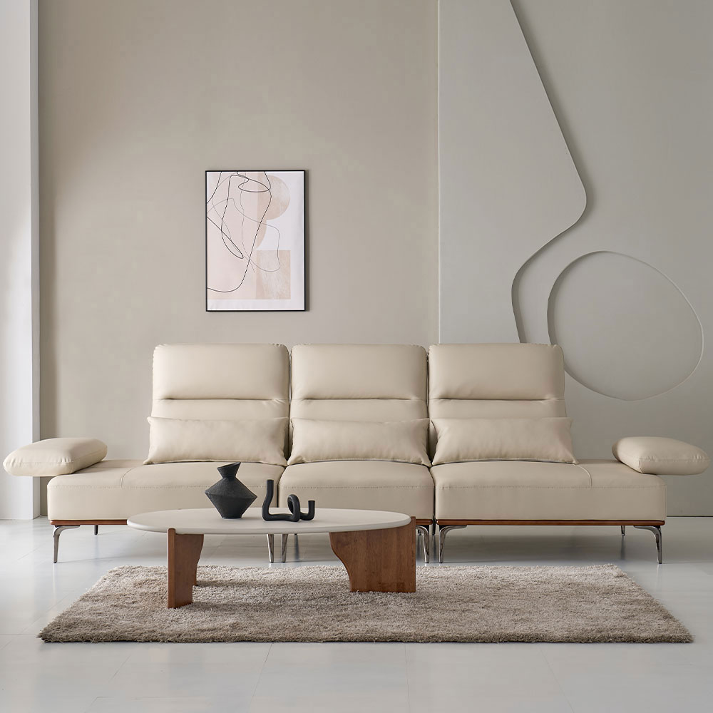 스코나 브로드 실리콘레더 애쉬원목 가죽 스윙 소파 스툴포함, 라이트베이지, 4인용