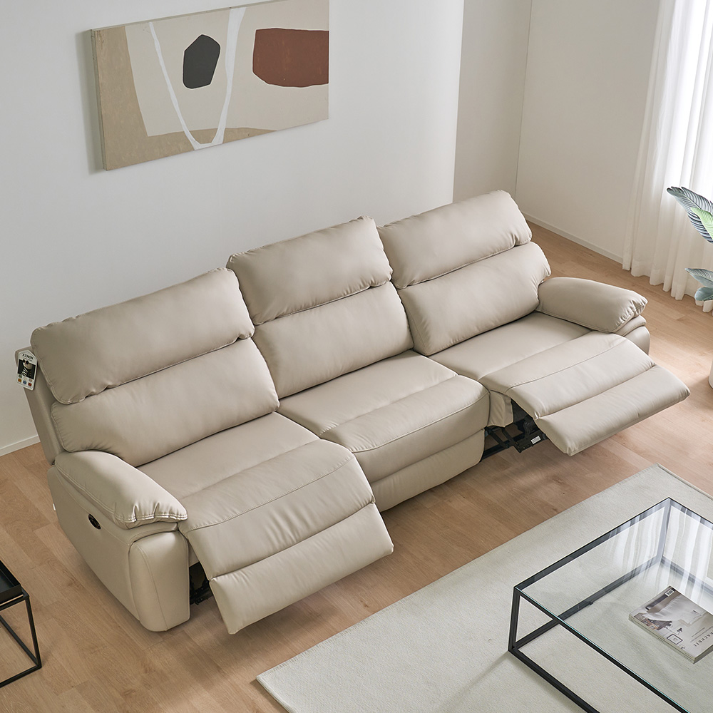 스코나 레인트 실리콘레더 전동 리클라이너 소파 스툴미포함, 아이보리, 4인용