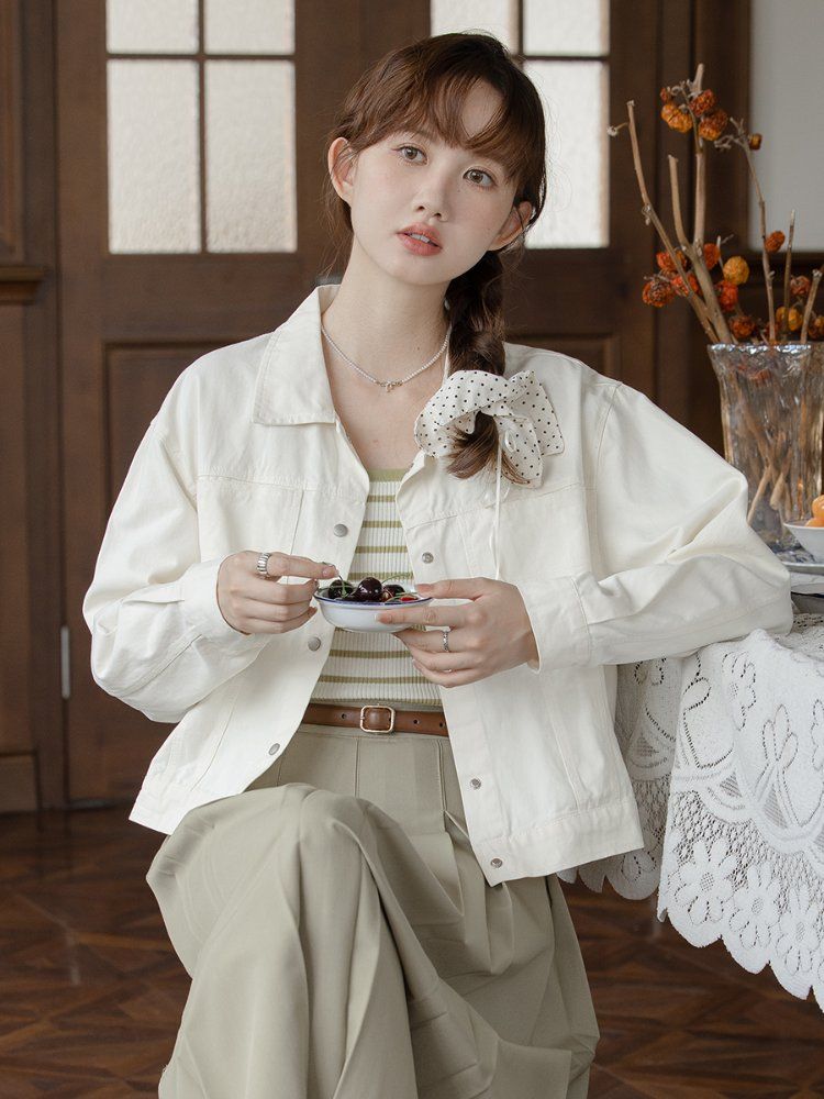 스트레이트핏 면 자켓 숏 포켓 카라 싱글 버튼 간절기 캐주얼 봄 가을 미백색 라이트그린 - 상세 이미지 2