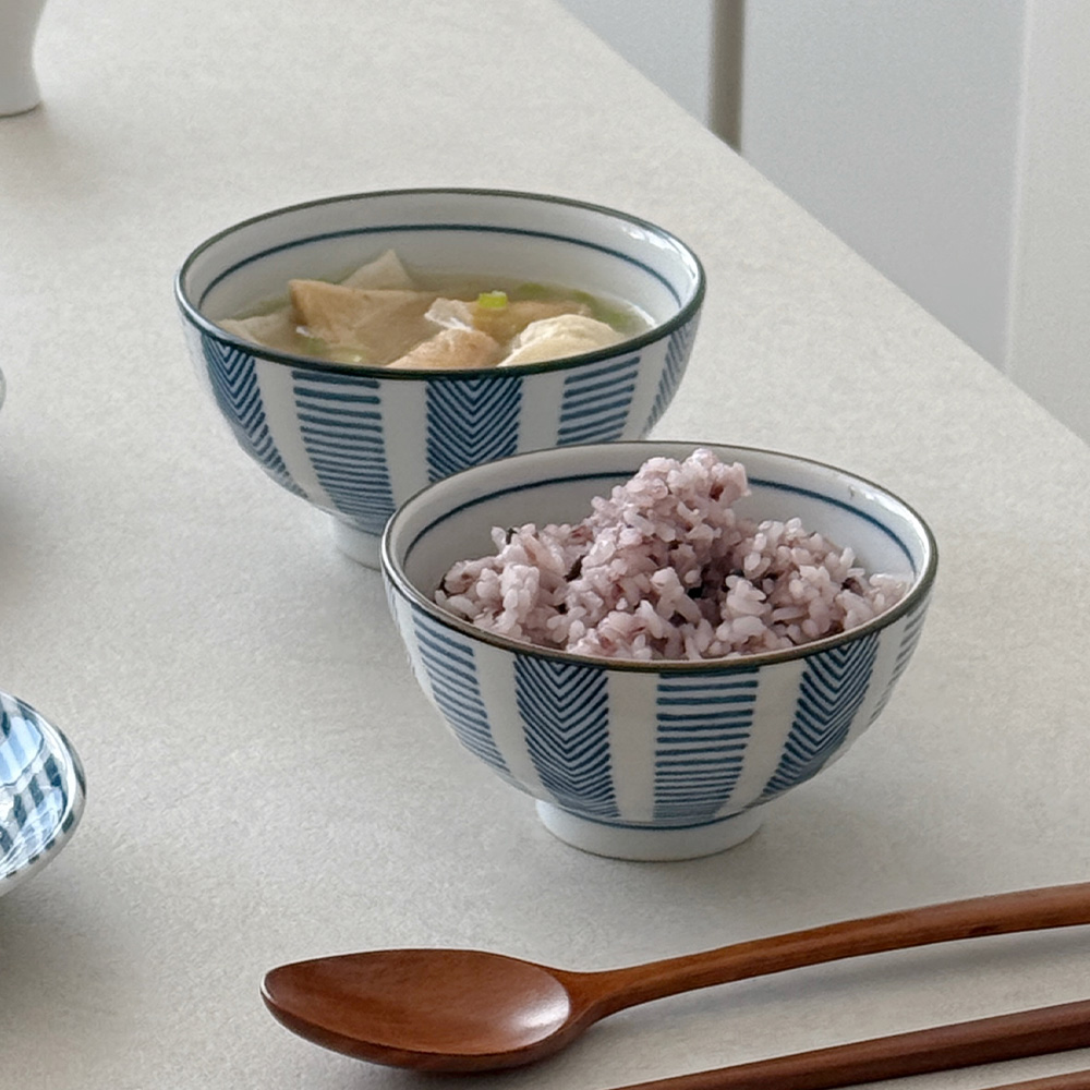 니코트 블루 스트라이프 1인 밥공기, 국그릇 세트 MADE IN JAPAN - 상품 이미지