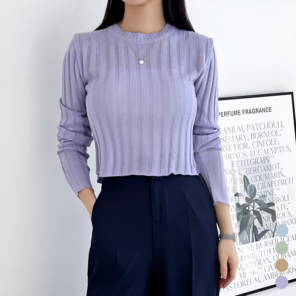 연보라니트 세미크롭 긴팔 시스루 골지 봄 여름 가을 니트