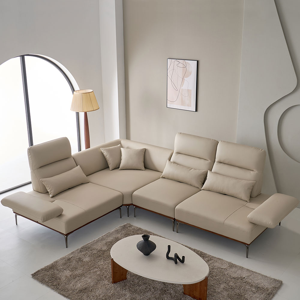 스코나 브로드 실리콘레더 애쉬원목 가죽 스윙 소파 스툴미포함, 라이트베이지, 코너 5인용