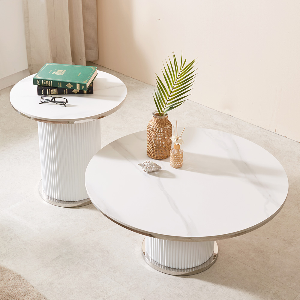 스코나 리벨스 템바보드 실버 포세린 세라믹 원형 듀얼 거실 소파 테이블 L