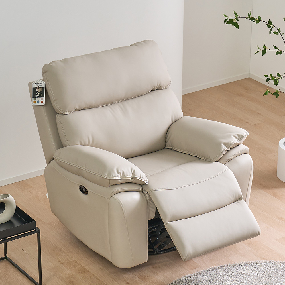 스코나 레인트 실리콘레더 전동 리클라이너 소파 스툴미포함, 아이보리, 1인용