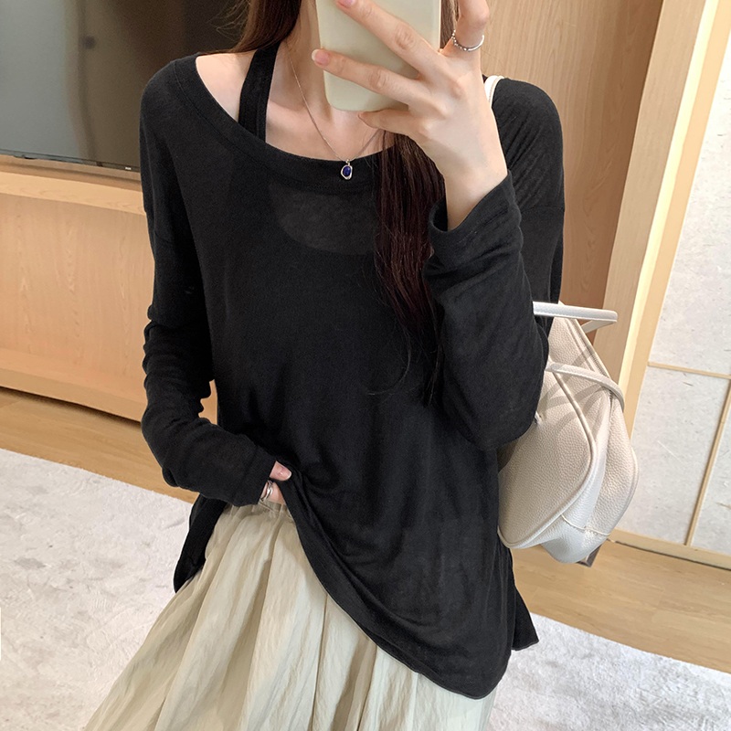여성 루즈핏 시스루 긴팔티 레이어드 세트 화이트 S - 상세 이미지 3