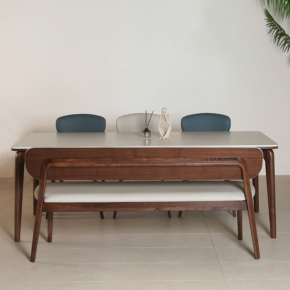 스코나 카튼스 호두나무 월넛 원목 포세린 세라믹 6인 식탁세트(벤치1개+의자3개)