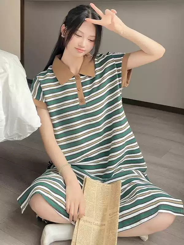 스트라이프 카라 반팔롱원피스 동네마실 배색 얇은 편한 봄 여름 잠옷 드레스 2컬러 - 상세 이미지 3