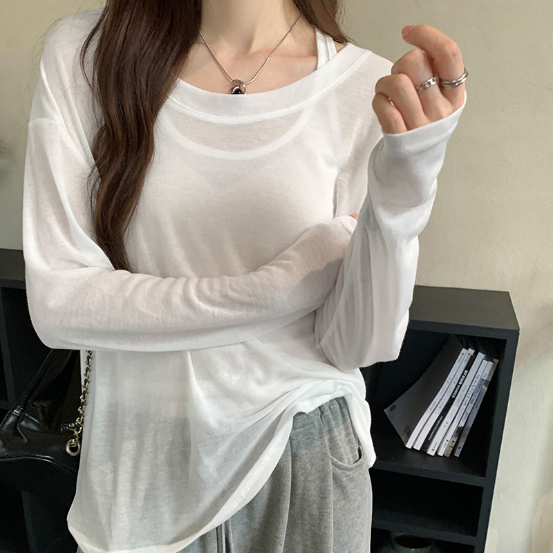 여성 루즈핏 시스루 긴팔티 레이어드 세트 화이트 S - 상세 이미지 2