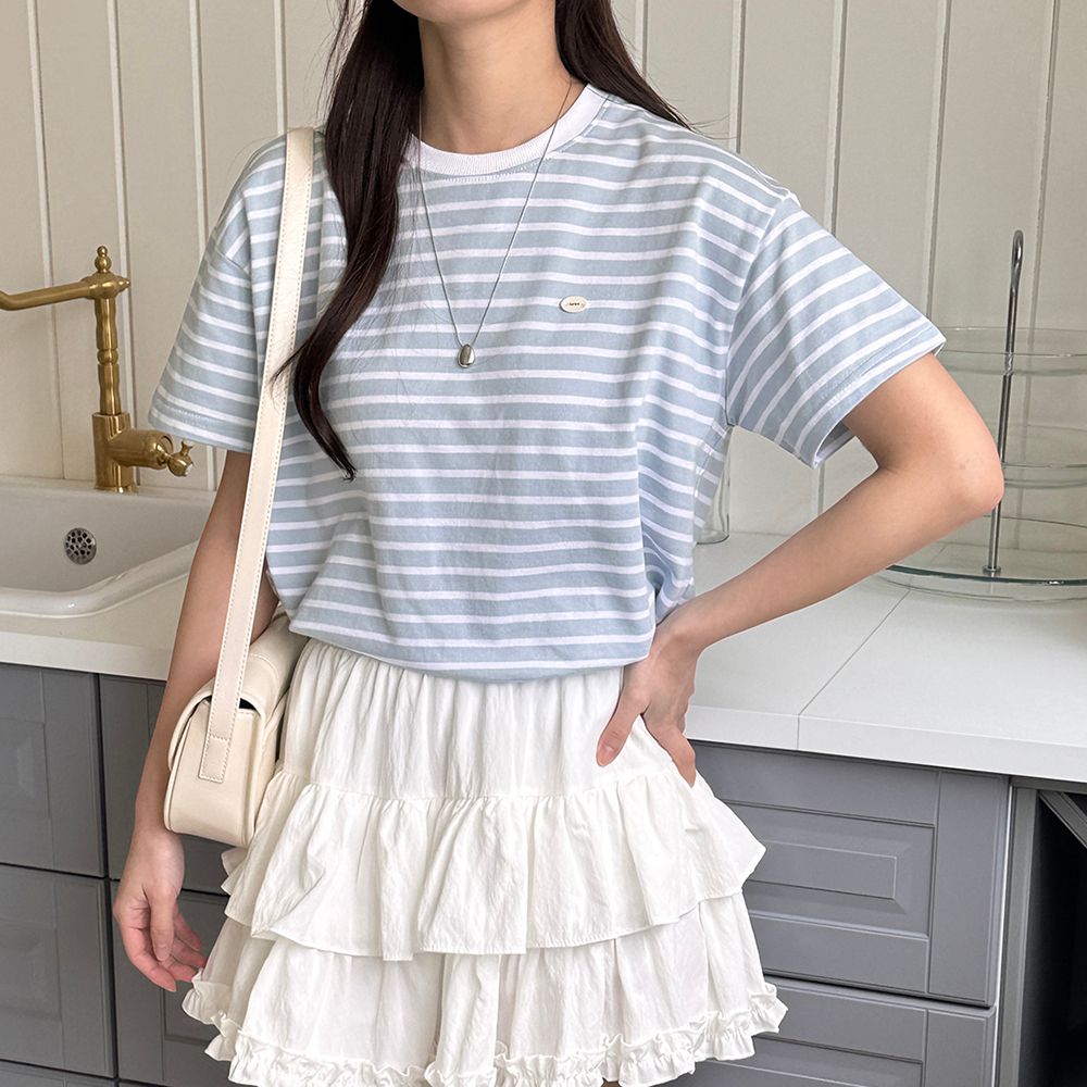 스트라이프 여름 여성 티셔츠 코튼 라운드 단가라 세미크롭티 여자 반팔티