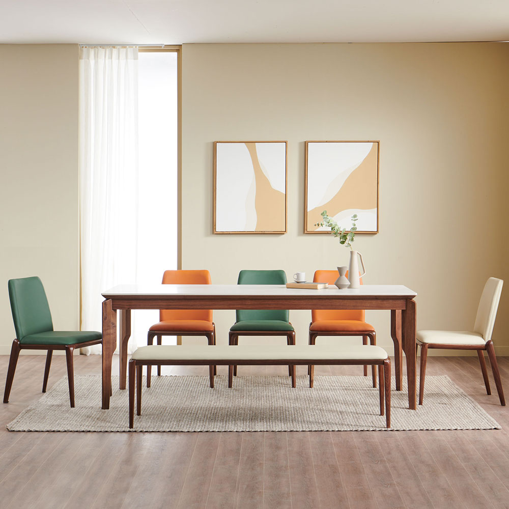 스코나 베데스 포세린 세라믹 월넛 원목 8인 다이닝 식탁세트(벤치1개+의자5개)